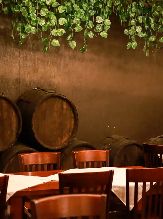 Wine barrels and ivy in the Borlabor cellar